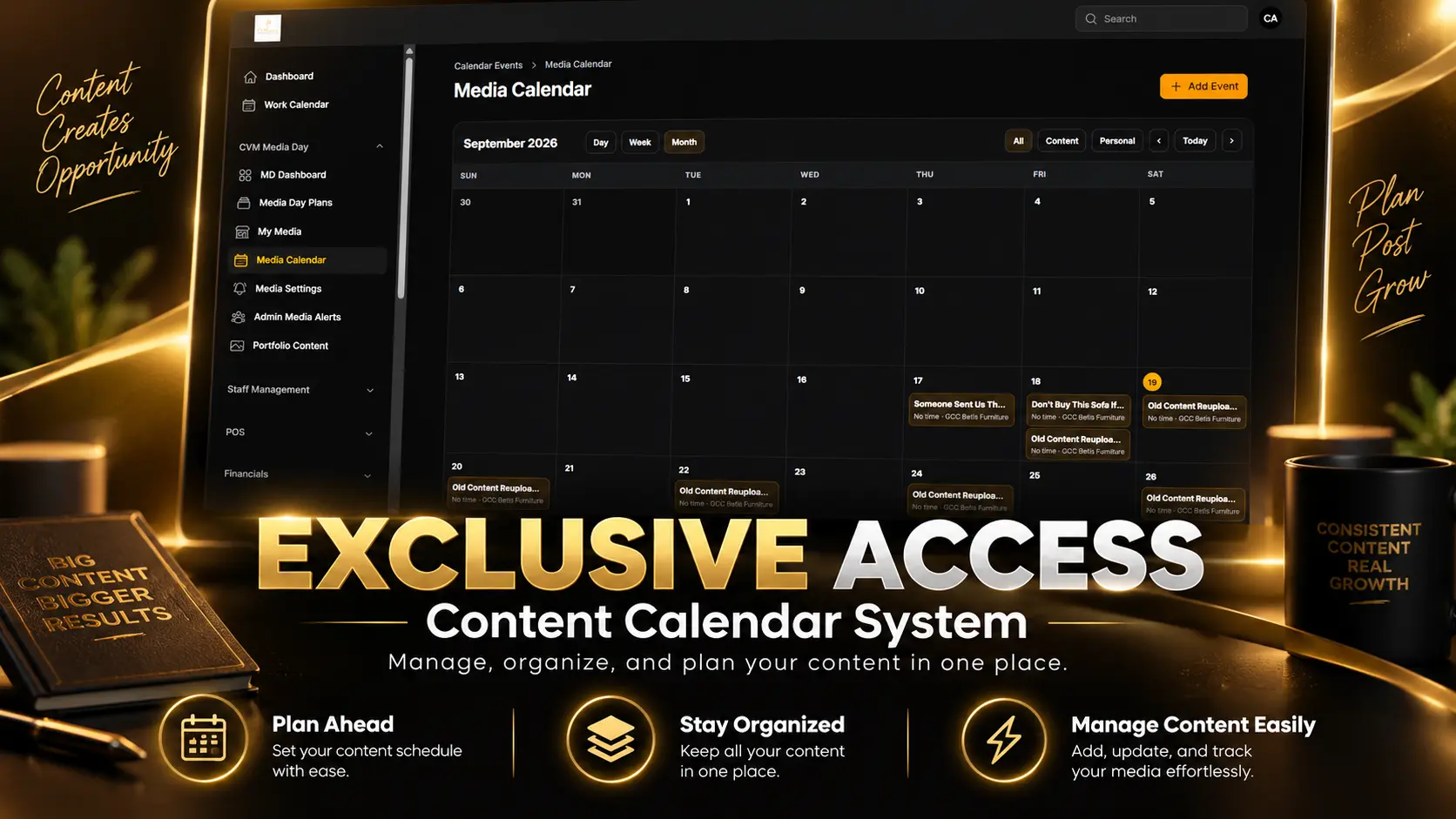 CVM Media Day content management system and calendar